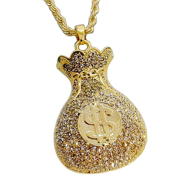 14K Gold Finish Cash Money Bag Iced Flooded Out Pendant Hip Hop Rope Chain 24" Necklace