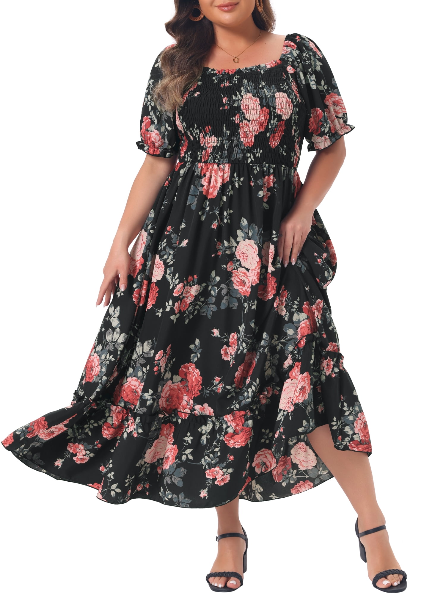 DARING DIVA Women's Plus Size Short Sleeve Square Neck Maxi Floral Dress 1X Black