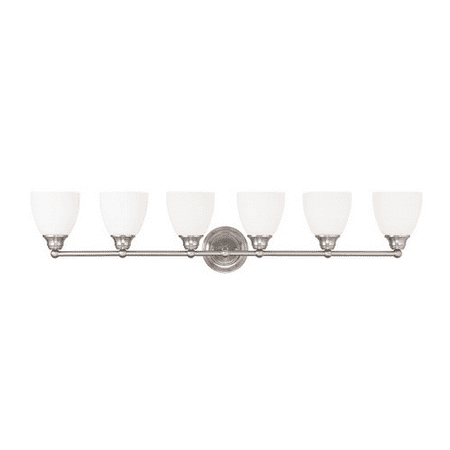 

Bathroom Vanity 6 Light With Hand Blown Satin Opal White Glass Brushed Nickel size 42 in 600 Watts - World of Crystal