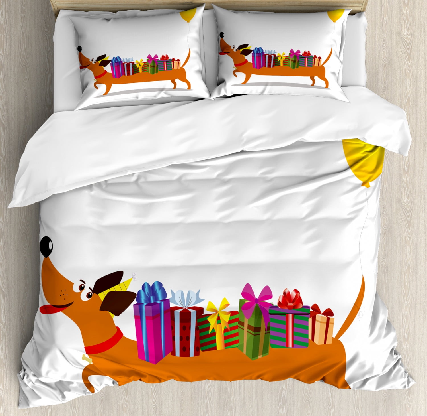 Dachshund Duvet Cover Set King Size, Nursery Themed Cartoon of Sausage