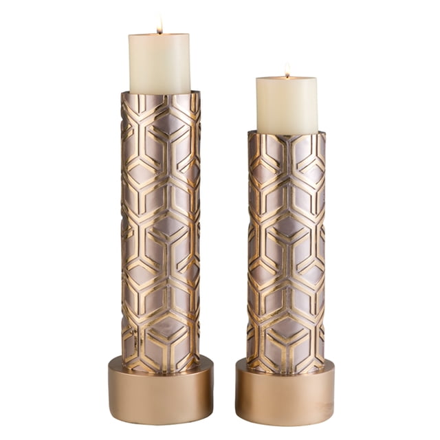 14", 16"H Rose Gold Bamboo Weave Candleholders Set Of 2