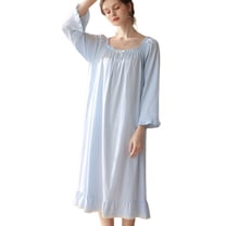 Defitshape Women's Cotton Victorian Nightgown Vintage Sleep Dress Long Sleeve Pleated Lace Princess Elegant Nightwear Mid-length Ruffle Crew Neck Blue Small