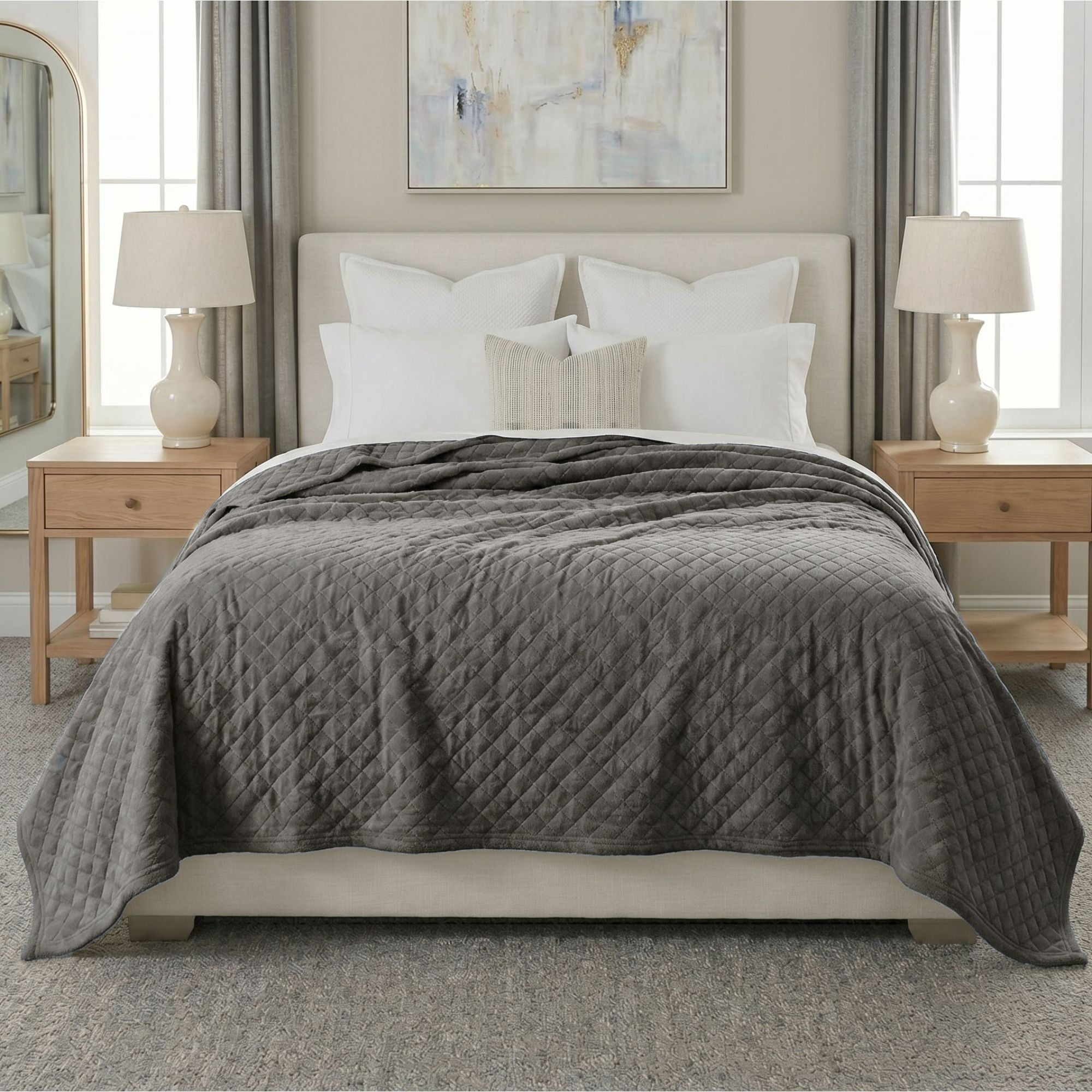 Superior Holly Grid Fluffy Fleece Blanket, Full Queen Size, Charcoal