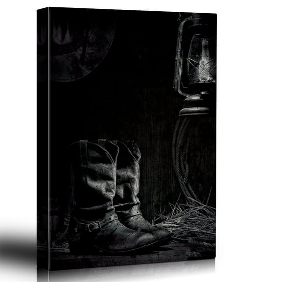 wall26 - Black and White Vintage Styled Portrait of Cowboy Boots and a Lantern - Canvas Art Home Art - 24x36 inches