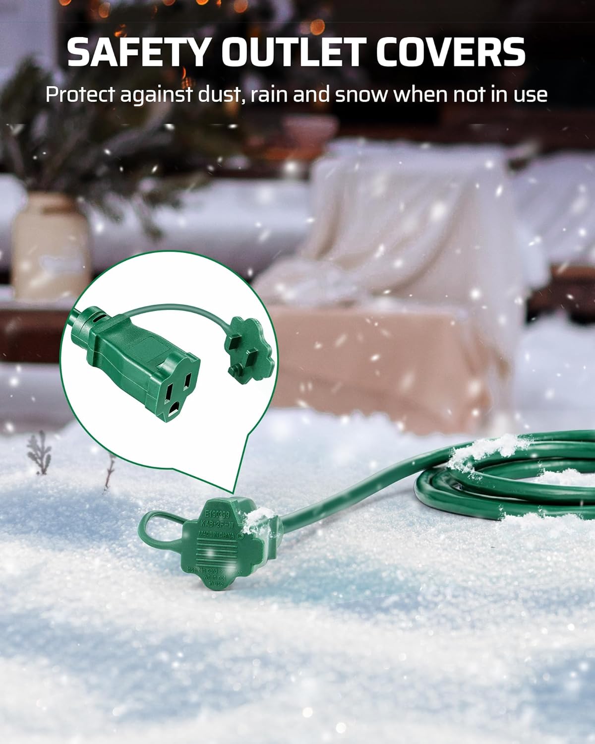25Ft Christmas Outdoor Extension Cord, Evenly Spaced 3 Outlets Plugs with Safety Cover, 16/3 SJTW Weatherproof Wire for Decorations, String Lights, UL Listed