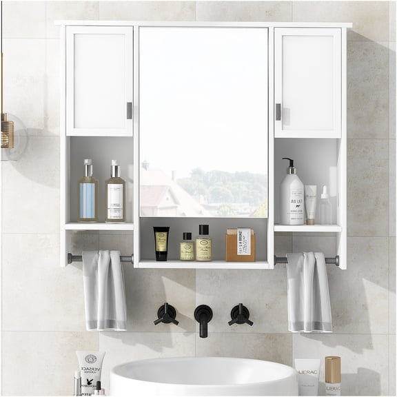 JERFIT 35 Inch Modern Bathroom Mirror Medicine Cabinet with Storage, Wall Mounted White MDF Cabinet with Towel Bar, Adjustable Shelves