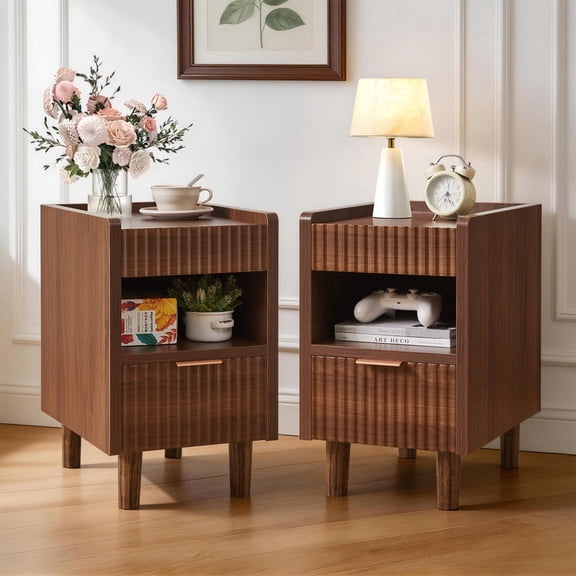 Set of 2 Walnut Nightstands with Drawer & Shelf, Fluted Modern Bedside Tables for Bedroom