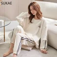 thumbnail image 5 of SUKAE-Conjunto de Pijamas de algodón para Mujer, ropa de dormir informal de manga larga, estilo minimalista, Otoño e Invierno, 5 of 5