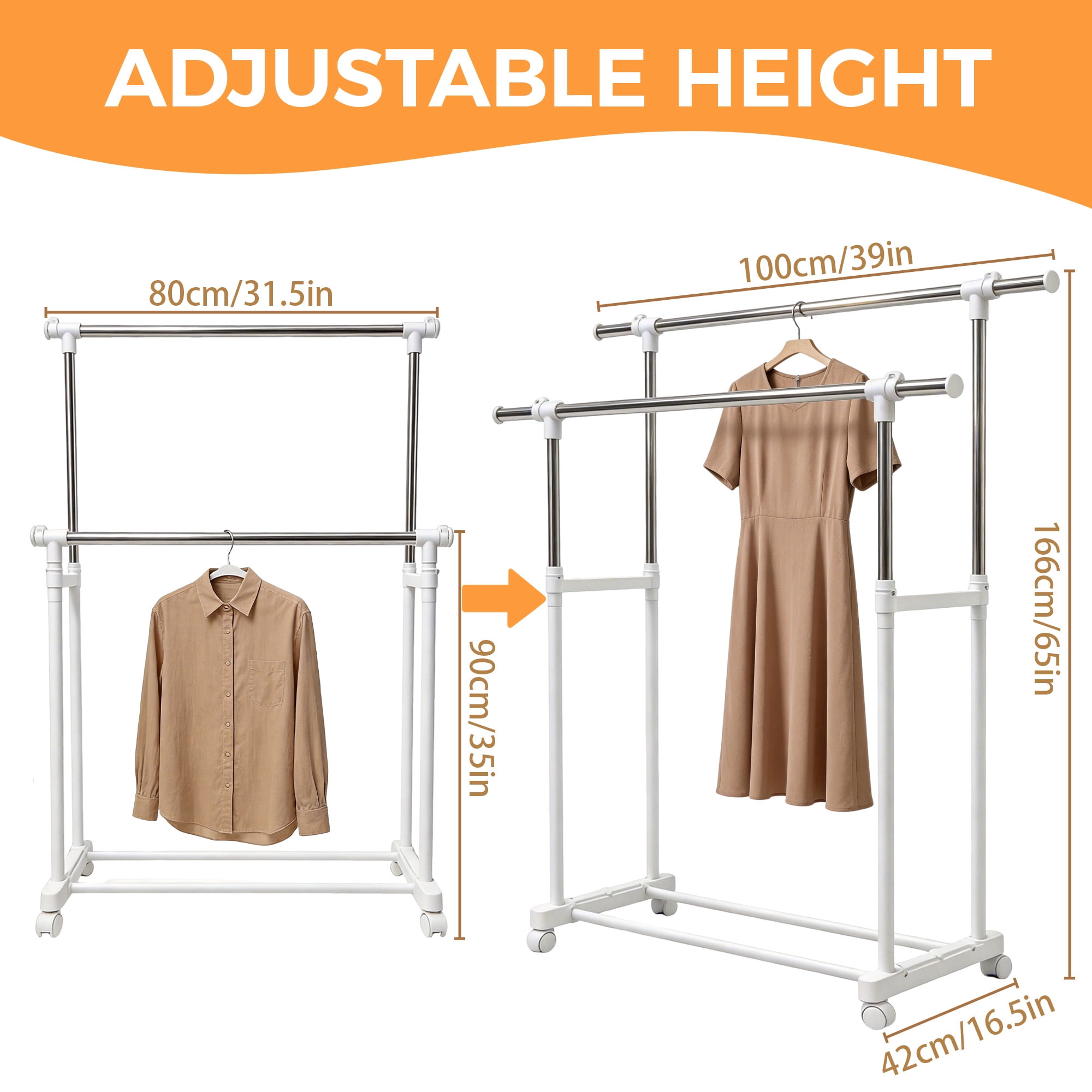 GARITIN Clothes Rack, Double Rods Rolling Clothing Rack, Portable Garment Rack with Wheels, Adjustable Height & Width, for Bedroom Laundry Room, White