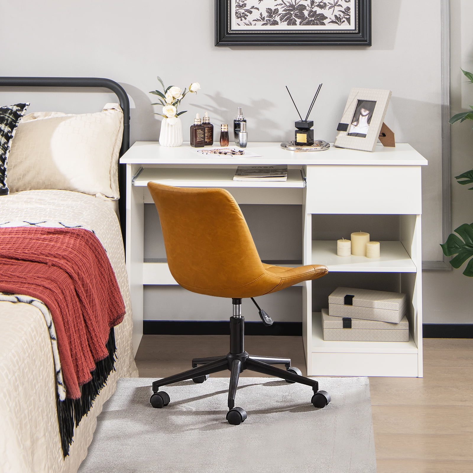 Giantex Computer Desk w/Keyboard Tray, Home Office Desk w/Cable Hole, Study Desk, Modern Writing Workstation, White