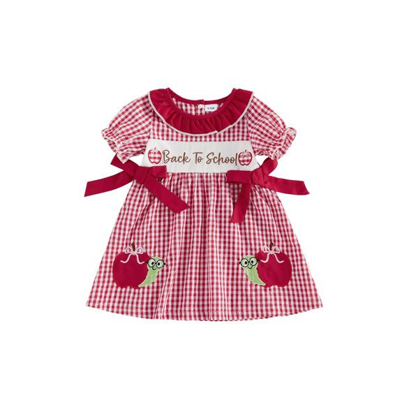 Cjfdfy Kids Toddler Baby Girls Back to School Dress Pre Kindergarten Outfits Bbay Girls First Day of School Outfit Apple Embroidery Cute Bow Short Sleeve Plaid Dress Toddler Summer Fall Dress