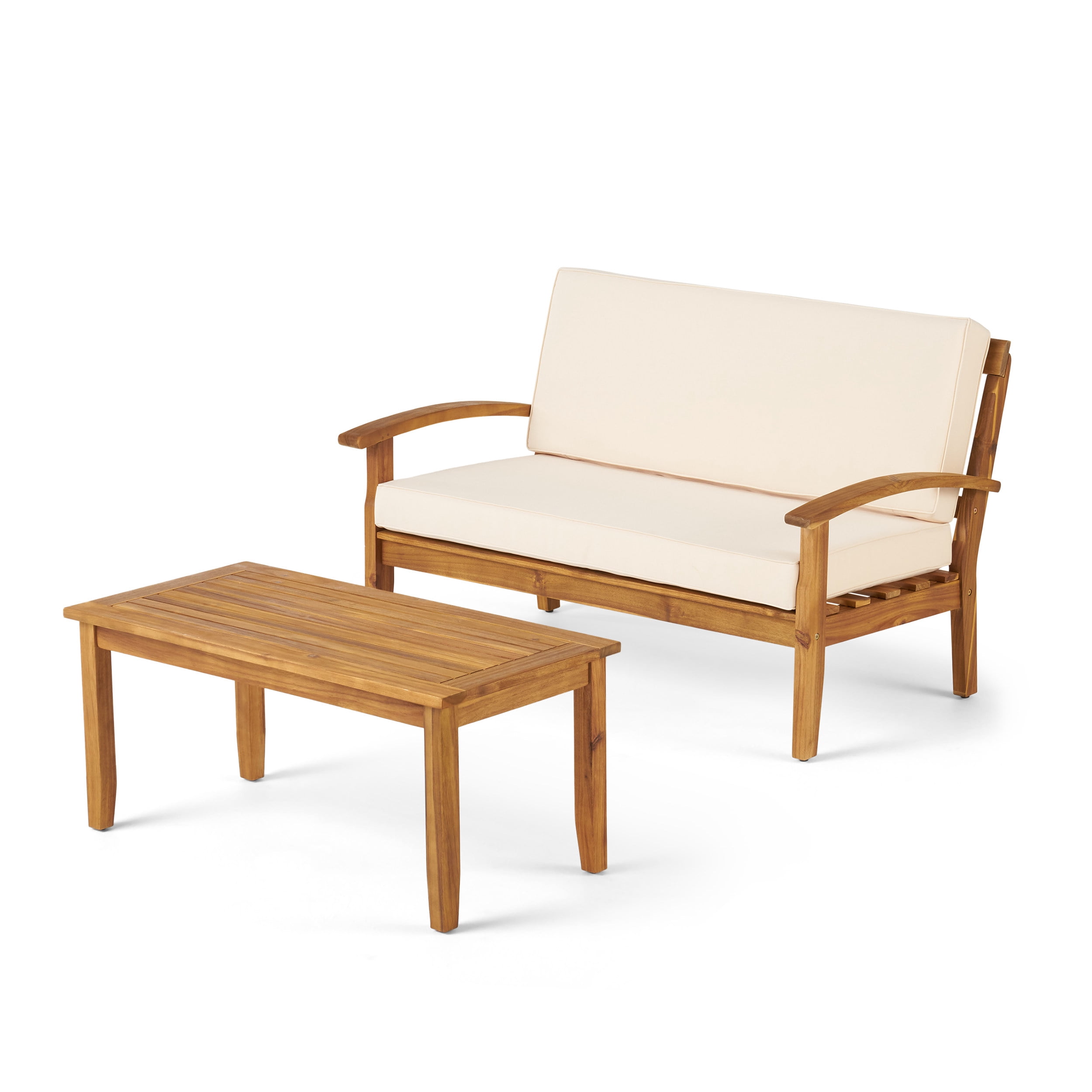 Outdoor Loveseat and Coffee Table Combined Leisure Set, Acacia Wood Frame Furniture for Patio Garden, Beige