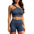 thumbnail image 2 of VBVC Women's One Shoulder Ribbed 2 Piece Workout Short Sets , Ladies' High Waist Yoga Matching Outfits , Sport Gym Athletic Activewear Sets For Women,Navy,Free Size, 2 of 7