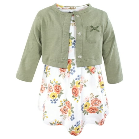 Hudson Baby Girls Cotton Dress and Cardigan Set, Golden Bouquet, 6-9 Months