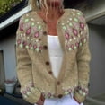 thumbnail image 2 of Women's Button Down Cardigans V Neck Open Front Long Sleeve Fall Knitted Sweaters Fair Isle Sweaters Khaki 5XL, 2 of 4