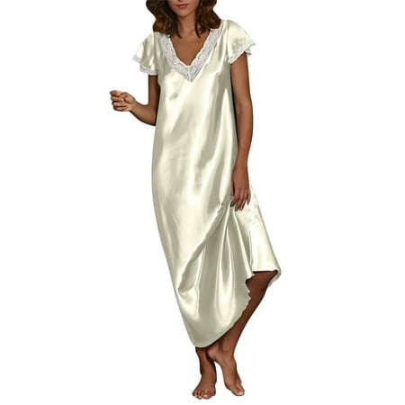 Moxiu Womens Silk Satin Long Nightgown Lace Trim Chemise Lingerie Maxi Sleepdress for Ladies V Neck Shorts Sleeve Sleepwear 2025 Beige S