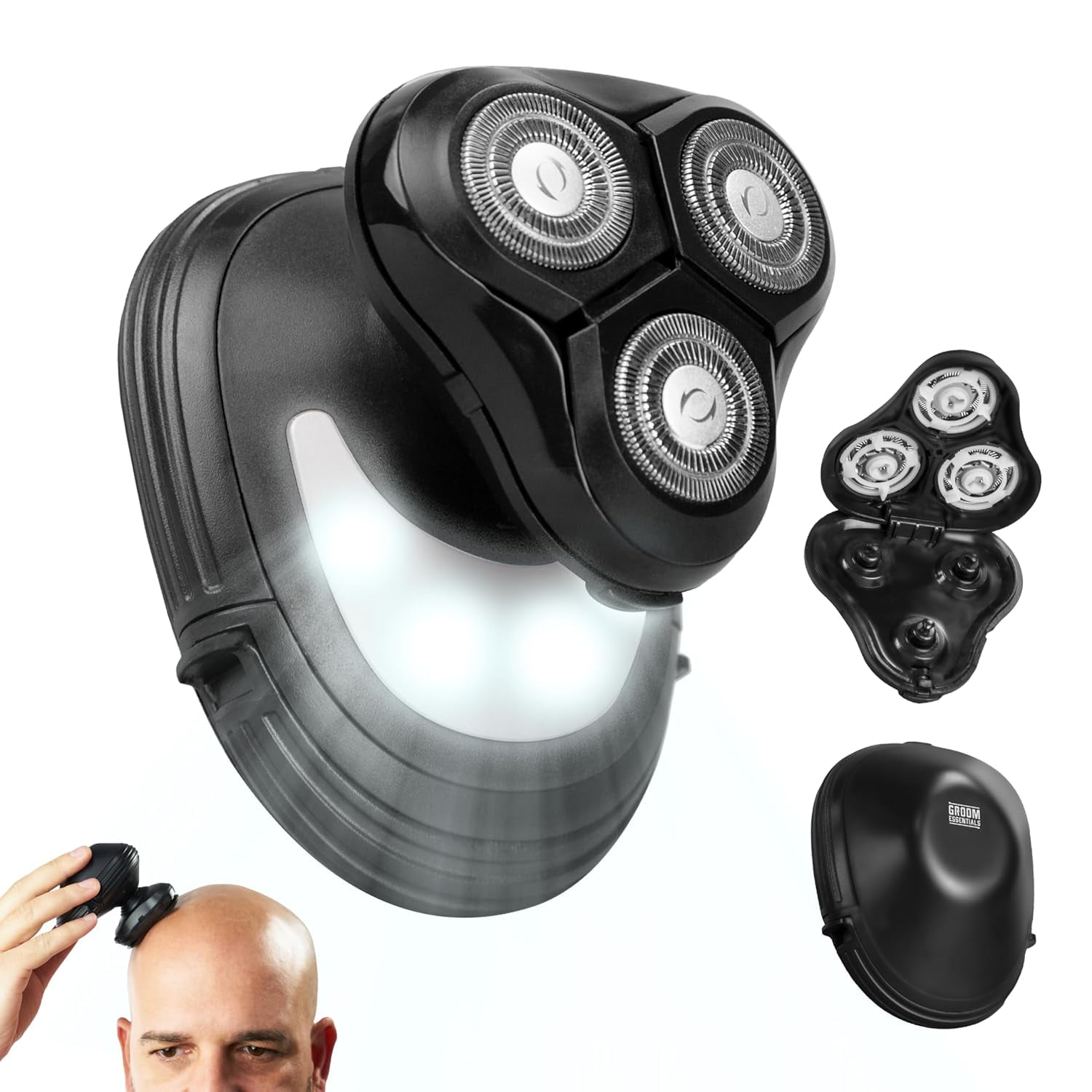 Chargeworx Groom Essentials Cordless 3D Rotary Men’s Face & Head Electric Shaver with LED Light, Black GEMS106