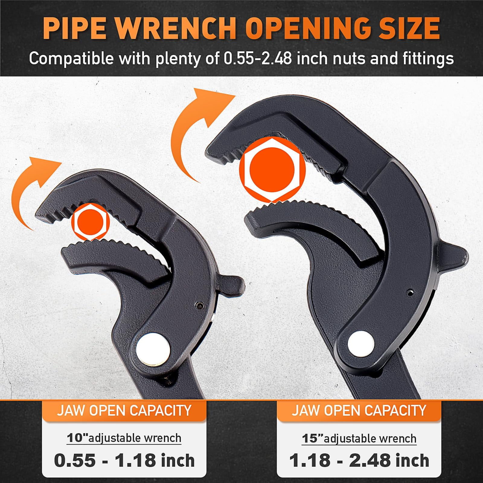 Heavy Duty Pipe Wrench Set, 10” and 15” Self-Adjusting Pipe Wrenches for Plumbing and HVAC, 2-Piece Pipe Vise Tool Kit for Standard and Irregular Nuts, Pipes, Fixtures – Pipe Wrench Set