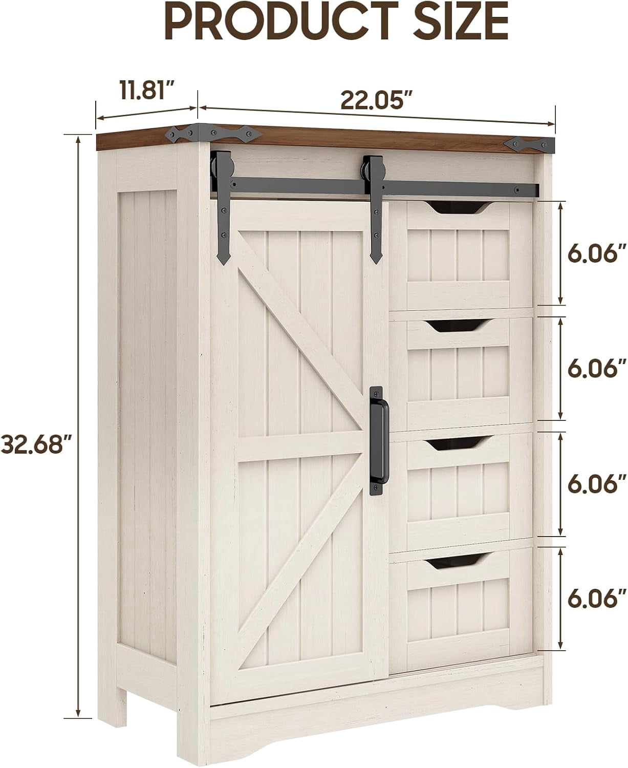 Farmhouse Bathroom Storage Cabinet, Bathroom Cabinet with 4 Drawers and Sliding Door, Farmhouse Floor Storage Organizer for Kitchen, Living Room, Rustic Style, White