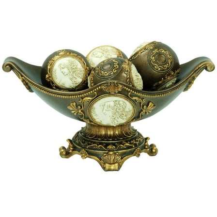 HomeRoots 8" Bronze Polyresin Classical Greek Decorative Bowl With Orbs