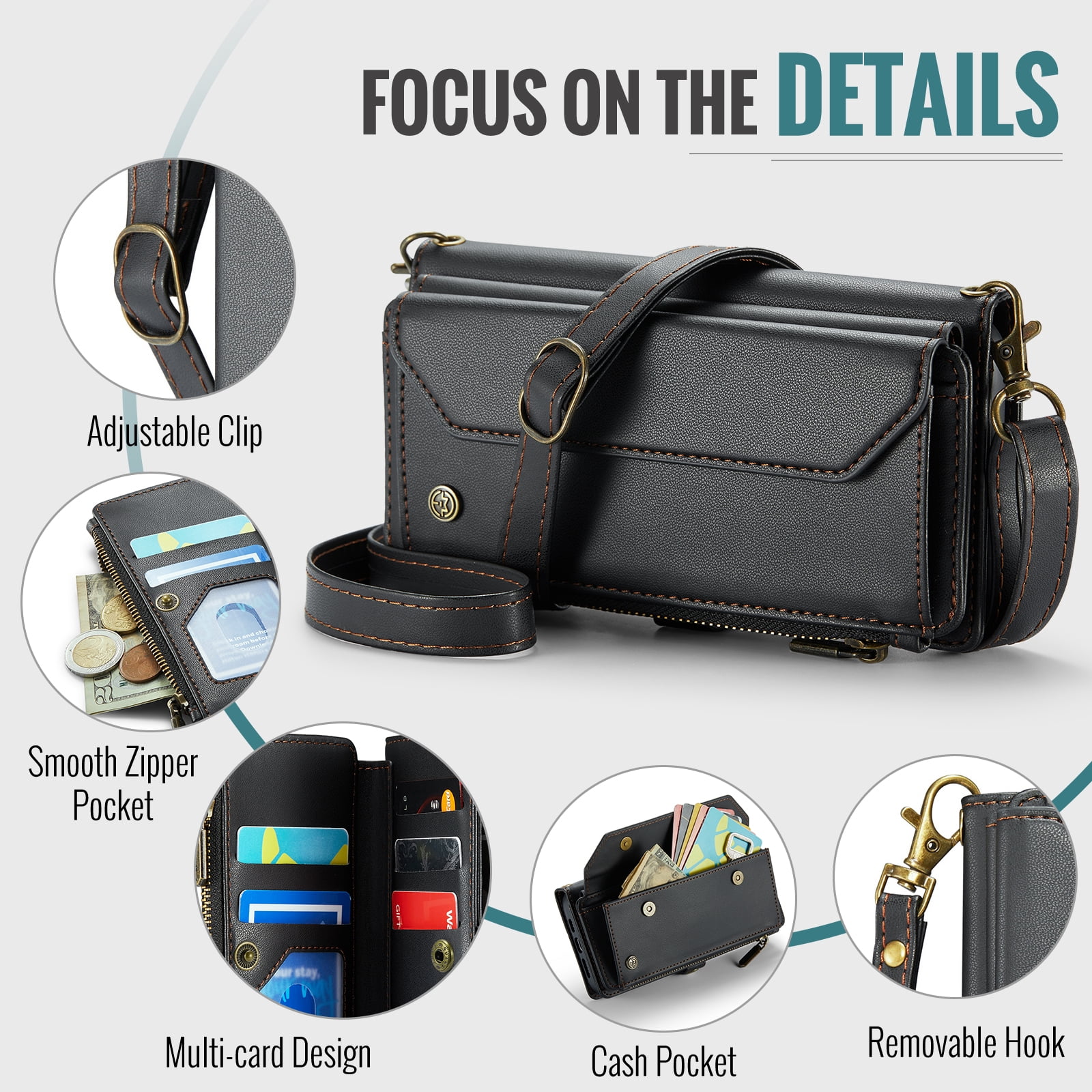 ELEHOLD for Samsung Galaxy S25 FE Wallet Case,Support Wireless Charging PU Leather RFID Blocking Card Holder Kickstand Flip Shockproof Case with Crossbody/Wristlet Strap ,Black