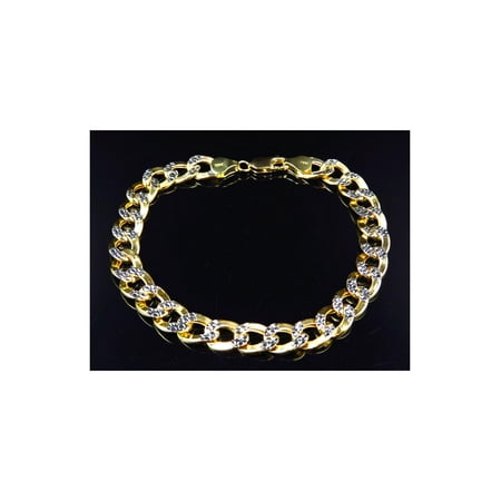 2 Tone Gold Bracelet - Men's 10K 2 Tone Gold Hollow Flat Curb Cuban Style Bracelet 9MM
