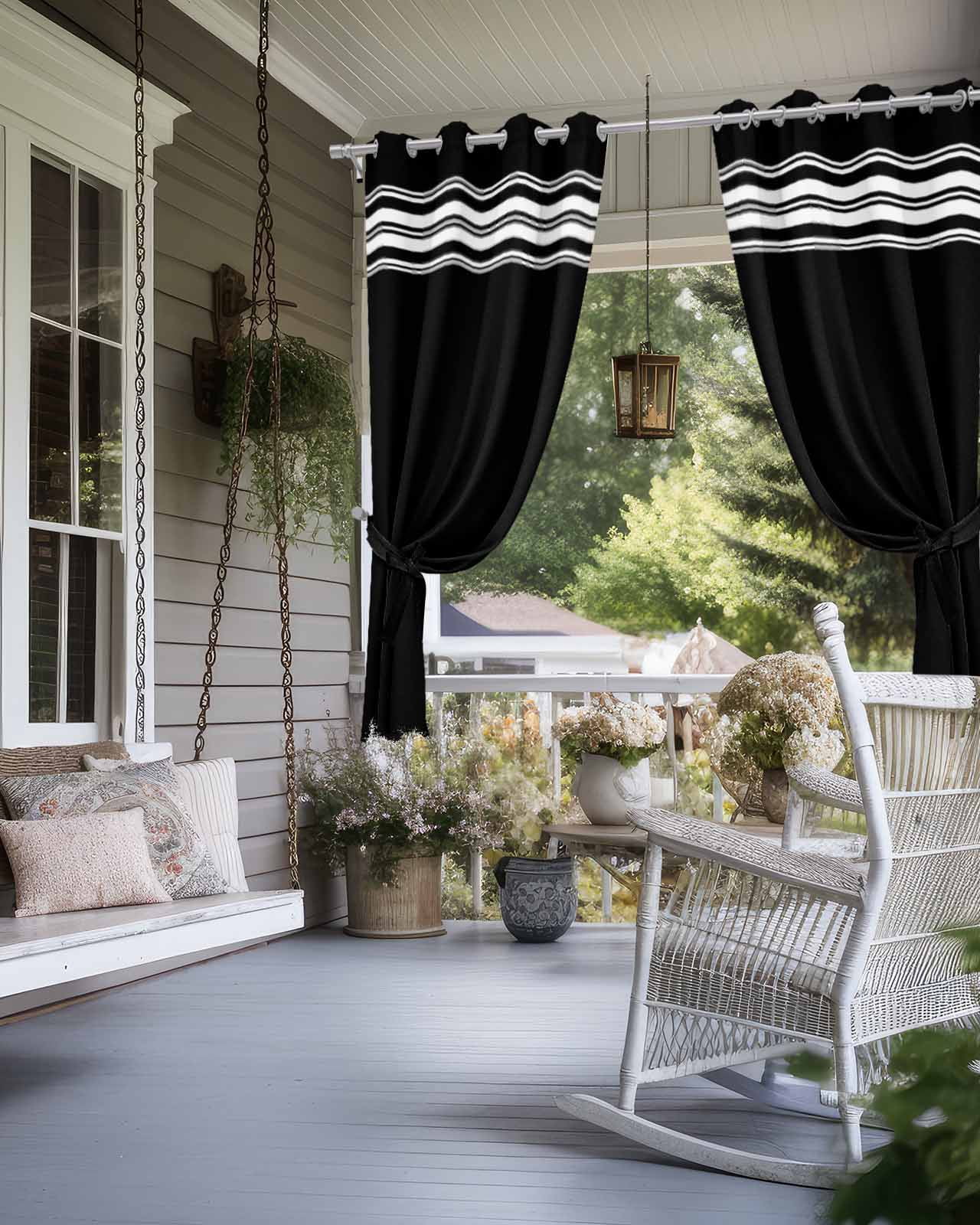 Outdoor Curtains for Patio, Black Striped Waterproof Blackout Outside Curtain for Porch/Pergola/Gazebo, Farmhouse Black White Stripes Thermal Insulated Drapes for Cabana, 2 Panels, 54 x 108 Inch