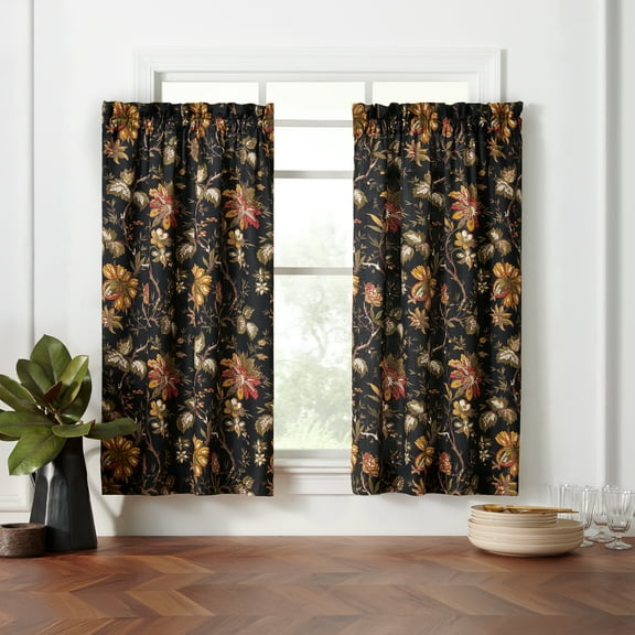 Waverly Felicite Noir Window Curtain Collection – Tier Pair - 100% Cotton Sateen - 60" X 36"