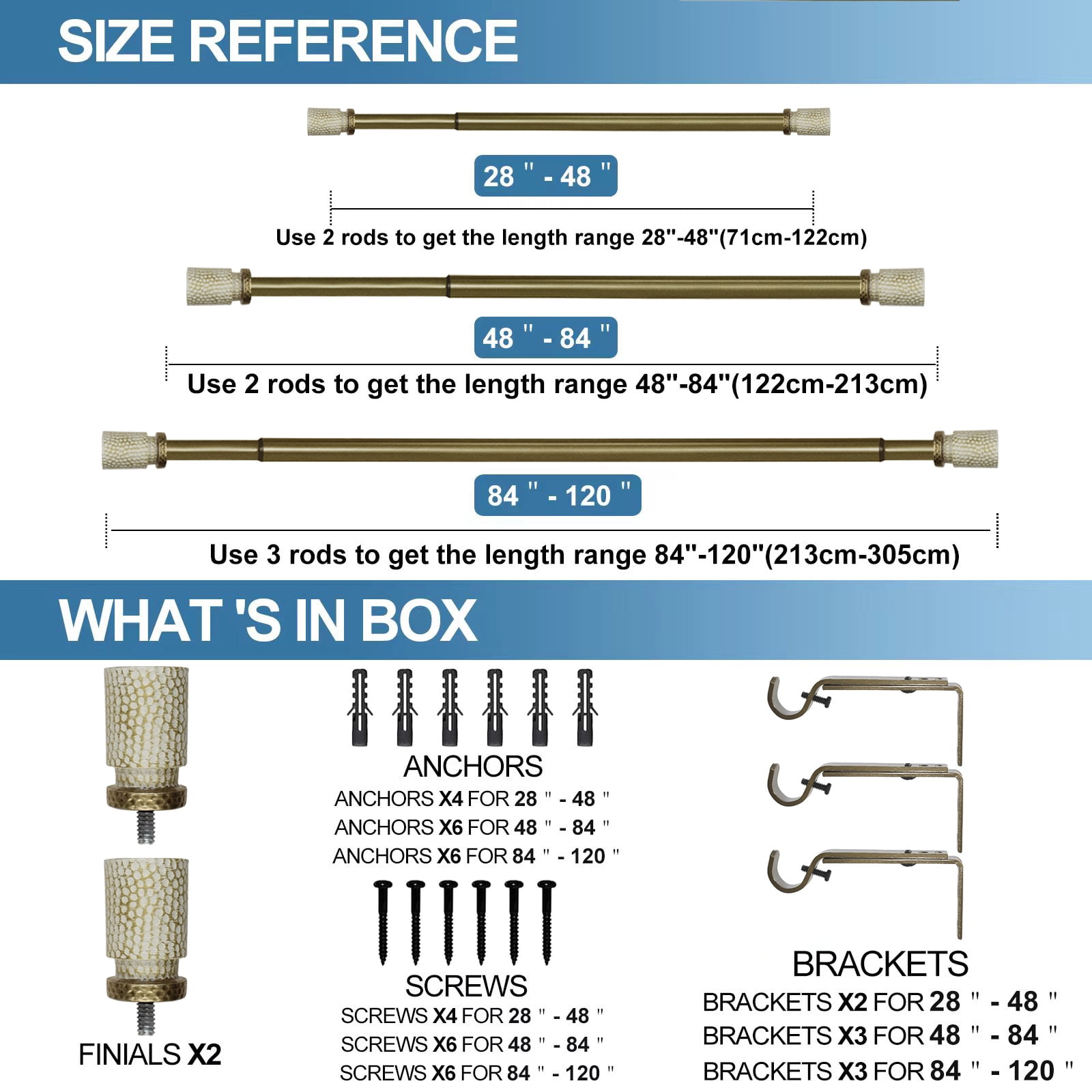 Urbanest 1" Hammered Adjustable Curtain Rod with Designer Finials — Heavy-Duty Metal Telescoping Rod, Easy Install, 84"–120″, Gilded French White