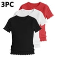 thumbnail image 4 of KyCheLot 3 Pack Ribbed Knit Tops for Girls Crew Neck Solid Color Short Sleeve T-Shirts Trendy Ruffle Trim T-Shirts, 4 of 5