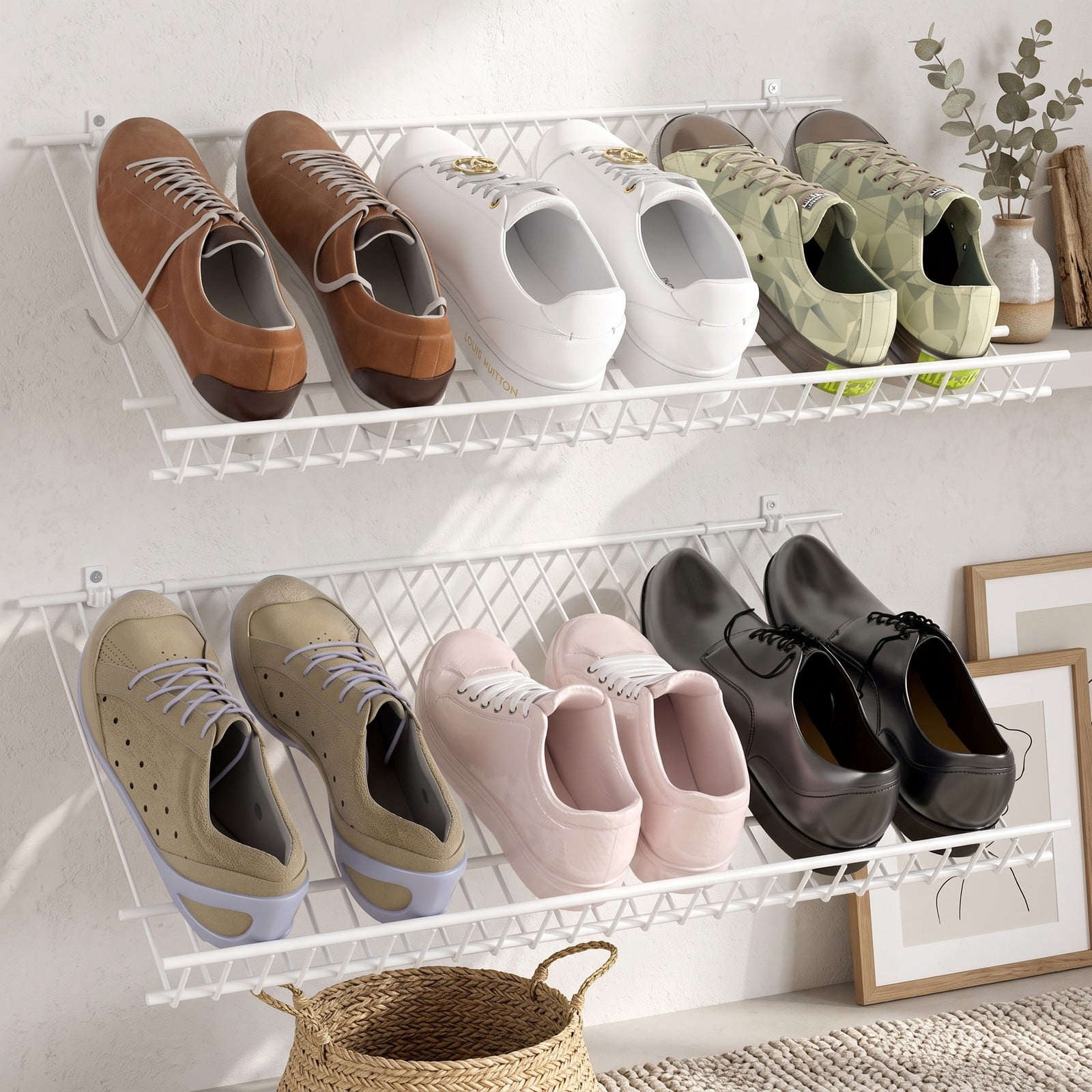 Furnibear Set of 2 Wall Mounted Metal Wire Closet Shelves and Shoe Racks for Entryway and Small Closet Organization, White