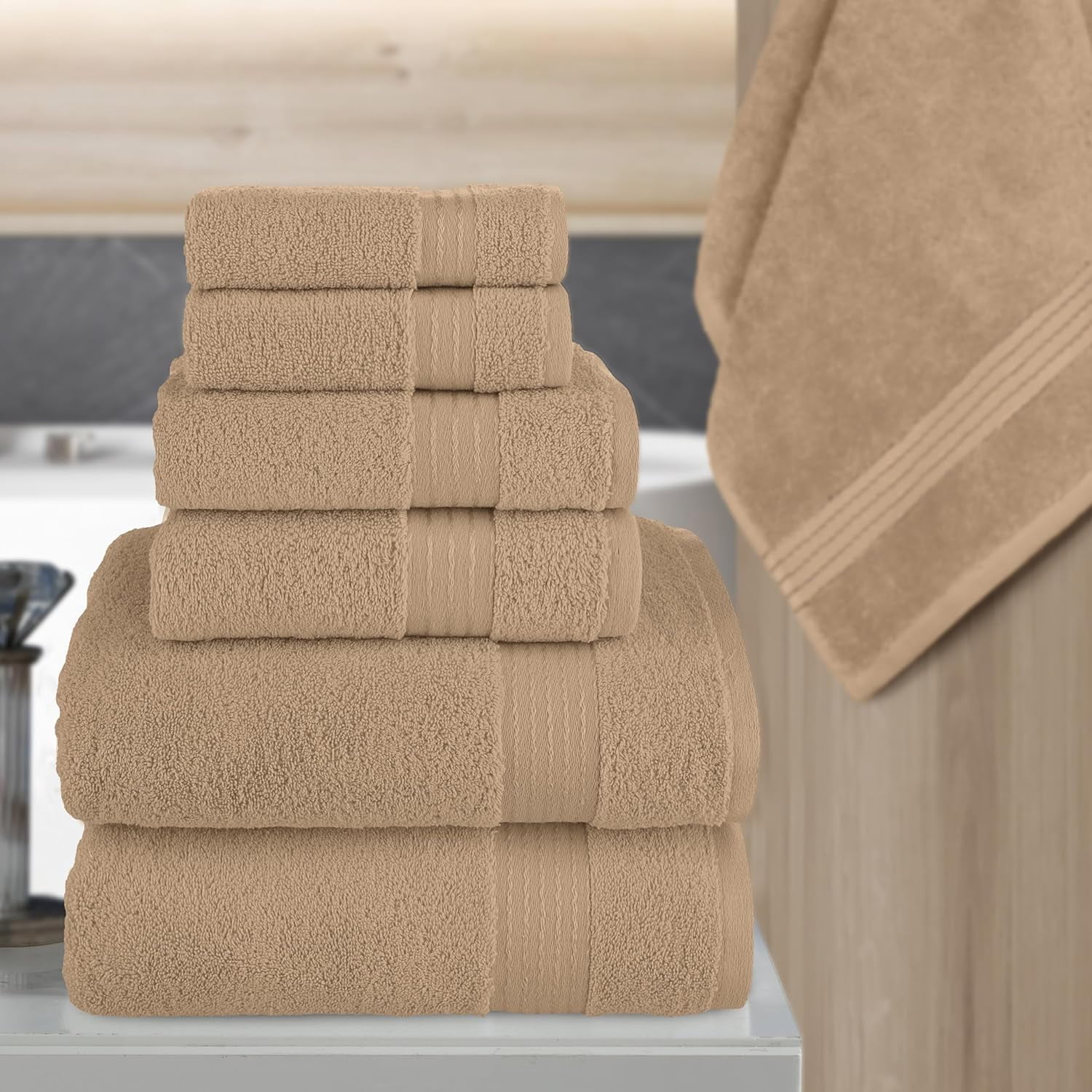 Turkish Linens Luxury Spa and Hotel Quality Premium Cotton 6-Piece Towel Set (2 x Bath Towels, 2 x Hand Towels, 2 x Washcloths), Taupe