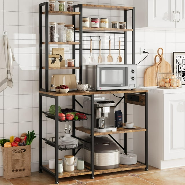 Standing Bakers Rack, 70" 1 Large Bakers Rack, 7- Tier Kitchen Bakers Rack with Power Output, Microwave Stands with Hook and Storage, Microwave Bakers Rack for Kitchen