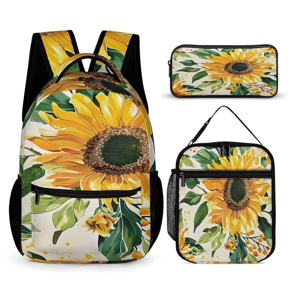 PRATYUS Back to School Botanical Sunflower Print Pattern Backpack Lunch Bag Pencil Case 3 Piece Set Durable Polyester Portable Zippered Daily Essential Combo