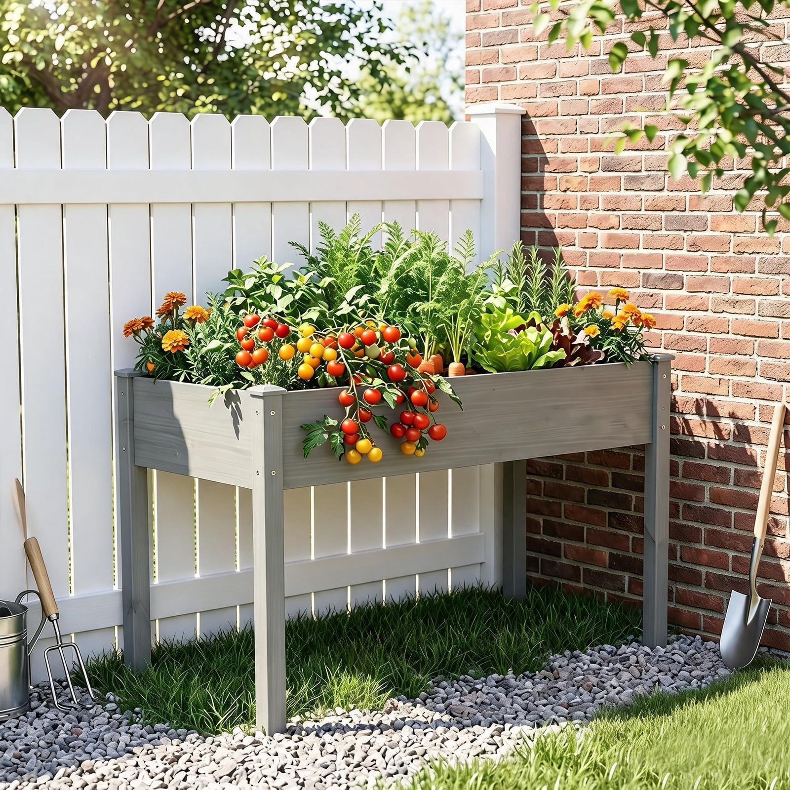 Atilioo Wooden Raised Garden Bed with Legs, 48x24x30 Inch Elevated Reinforced Planter Box for Backyard, Patio, Balcony w/ Liner, Gray