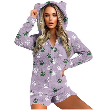 BLTIBY Womens Fleece Sherpa Hooded Romper Warm Fuzzy Short Playsuit Jumpsuit Cute Valentine Onesie Sleepwear Adult Zip Rompers Purple 3 XL