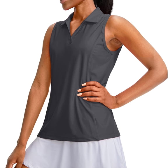LEKODE Women's Sleeveless Golf Polo Shirts V-Neck Collared Tennis Tank Tops UPF 50 Quick Dry Lightweight Athletic Shirt Dark Gray S