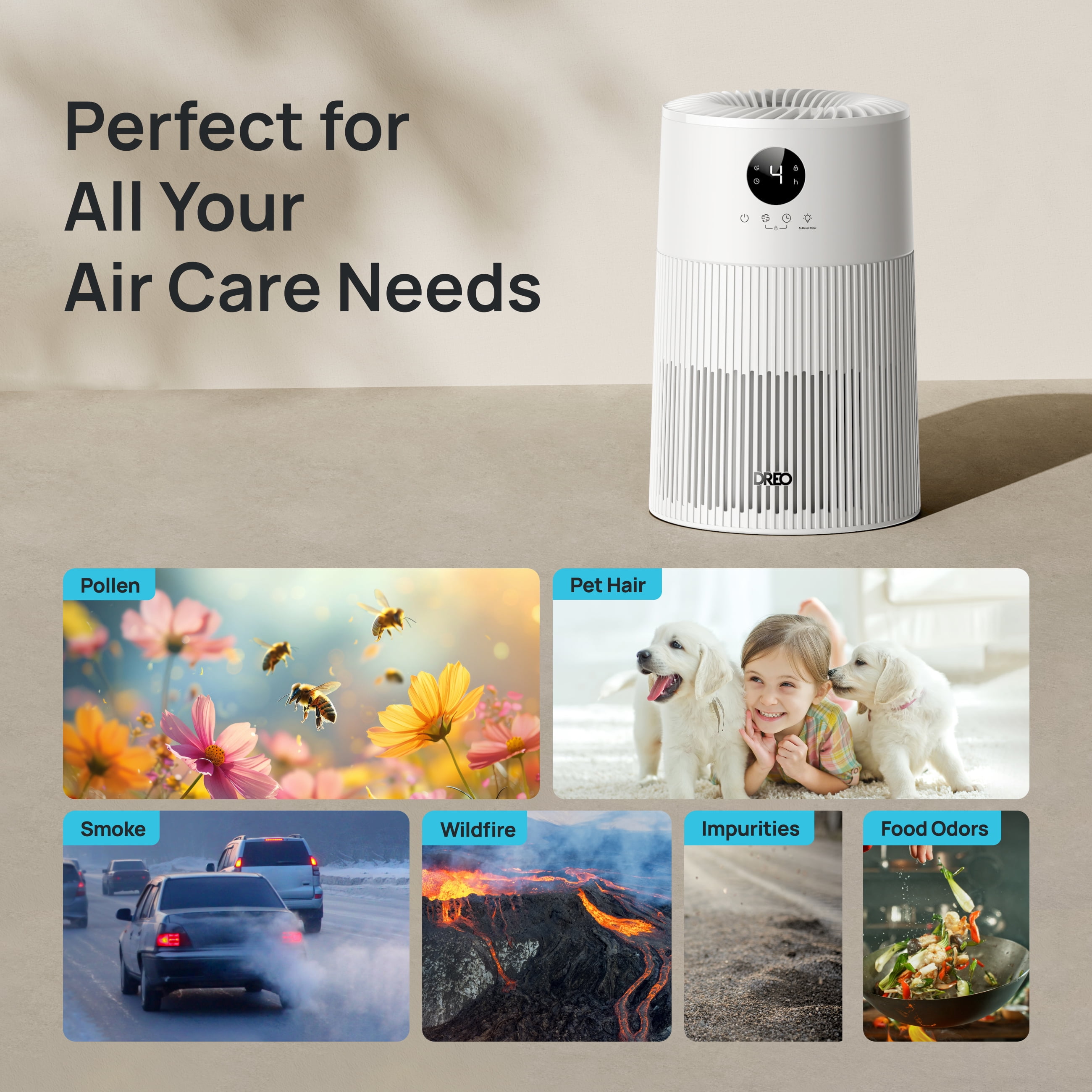 DREO HEPA Air Purifier for Room Covers 1488 Sq. Ft/2H, Purificador for Allergies and Asthma with 7-Color Night Light, Remove 99.97% Pet Hair, 3-in-1 Filter, 18W DC Motor Energy-Save, 22dB Sleep Mode