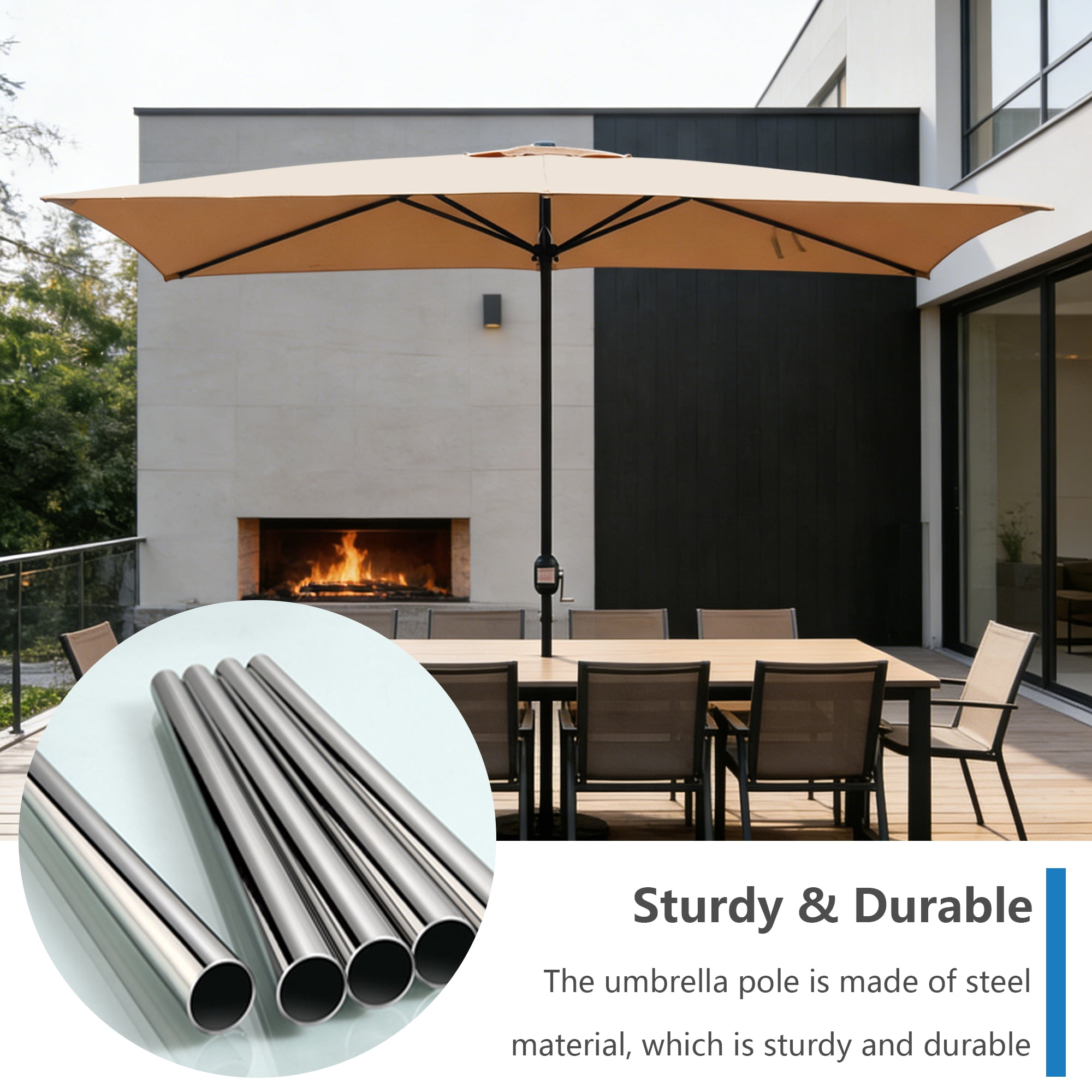 Abble 10x6.5ft Rectangular Patio Umbrella with Crank Handle, Outdoor Market Umbrella with 6 Sturdy Umbrella Ribs, Waterproof, Tan