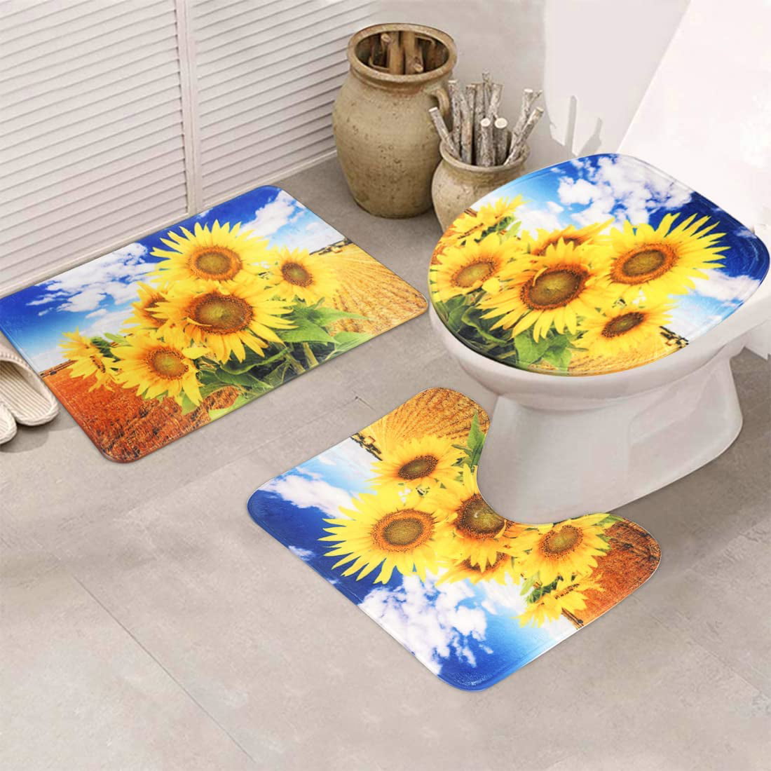 Sunflower and Green Leaves Flannel Non-slip Bathroom Rugs Door Mat Carpet 16X24" 