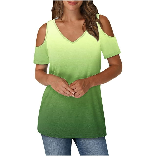 yoeyez Plus Size Short Sleeve Blouse Cold Shoulder V Neck Tunic Shirts Causal Color Block Tops Shirts Relaxed Fitted Comfy Pullover Blouse Limited Time Deals Green 2XL