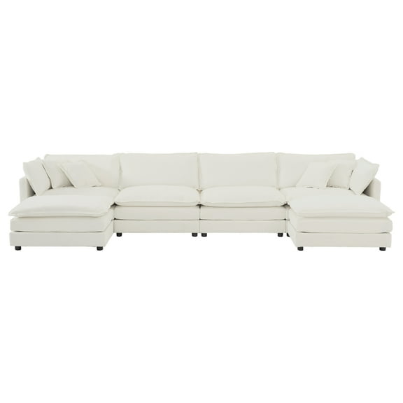 Comfort U Shaped Couch with Reversible Chaise, Modular Large U-Shape Sectional Sofa, Double Extra Ottomans,White Chenille