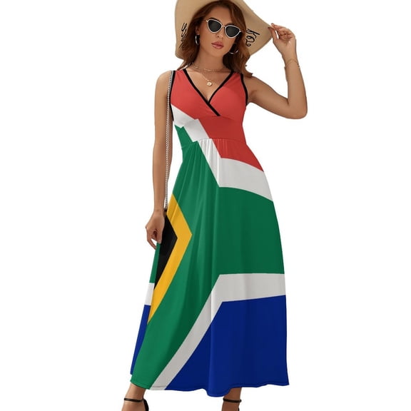South African Flag Womens Night Club Maxi Dress V Neck Sleeveless Bohemia Long Dresses