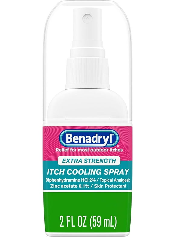 Benadryl Extra Strength Anti-Itch Cooling Spray, Diphenhydramine HCI Topical Analgesic and Zinc Acetate Skin Protectant for Fast Relief from Most Outdoor Itches, Travel Size, 2 fl. oz