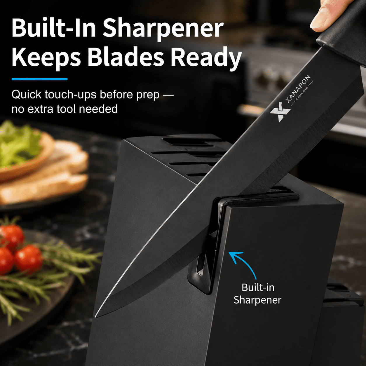 Xanapon 13-Piece Knife Set for Kitchen, Built-in Sharpener Block, German Stainless Steel, Dishwasher Safe, Black