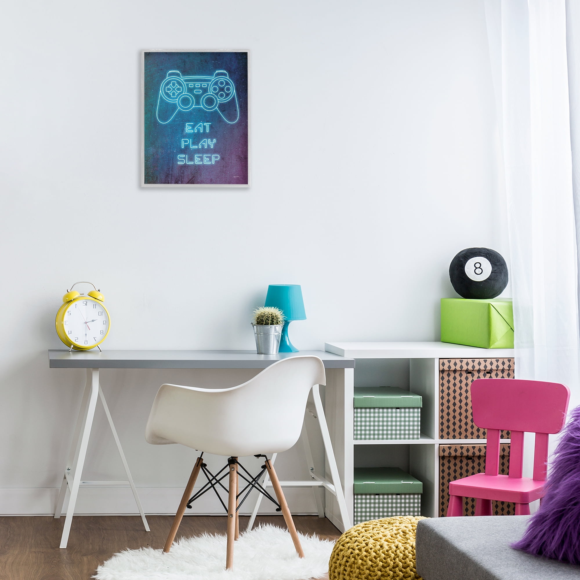 Stupell Industries Eat Play Sleep Neon Typography Painting Gray Framed Art Print Wall Art, 16 x 20