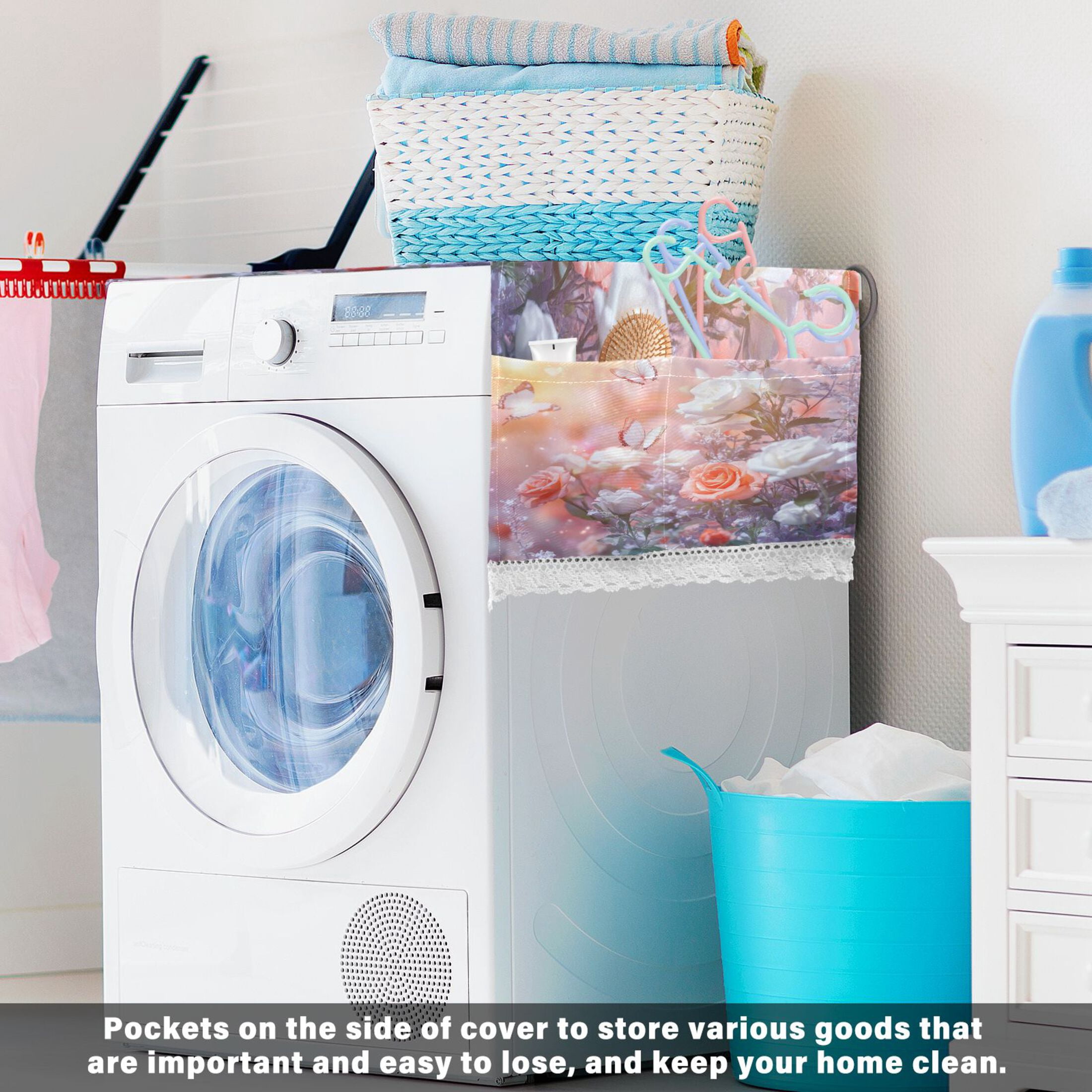 Washing Machine Cover 51.2x22in, Durable Polyester Dust Cover with Lace Trim and Side Pocket for Appliances Butterfly Gardens