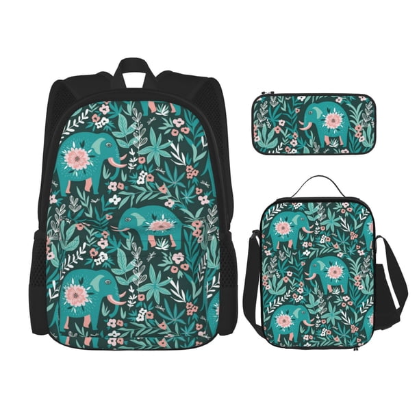 Easygdp Lephants in the Jungle Mochila para Niños y Niñas con Set de Caja de Almuerzo y Estuche para Lápices 3 en 1, Mochila Escolar Estampada para Adolescentes