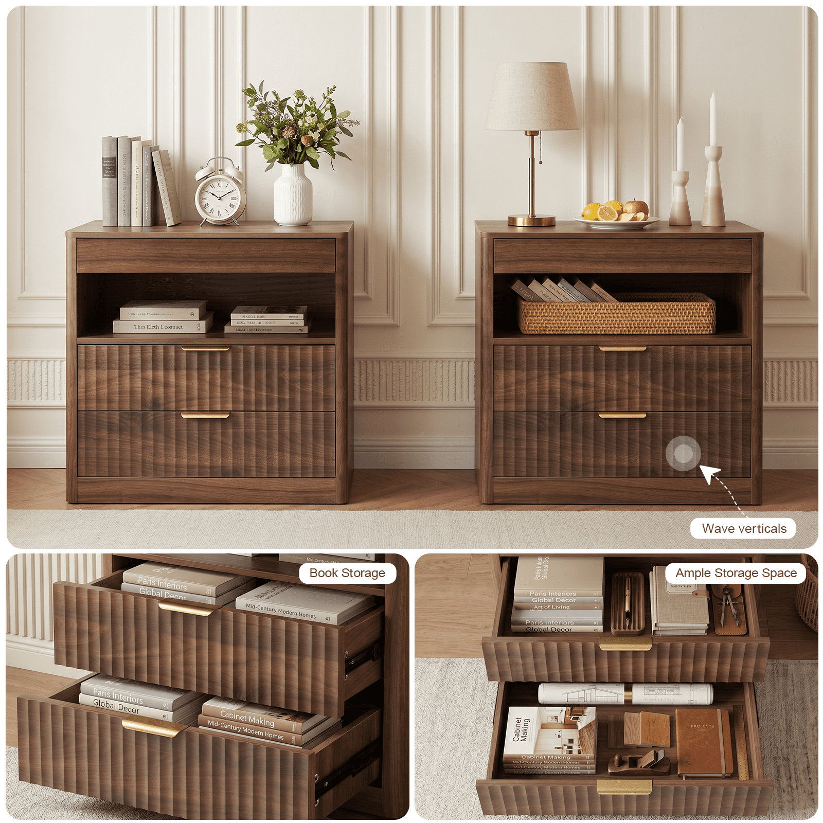 Stretchable Nightstand with Hidden Outlet 15.7x15.7x23.6 Inch Double Drawers for Bedroom Living Room