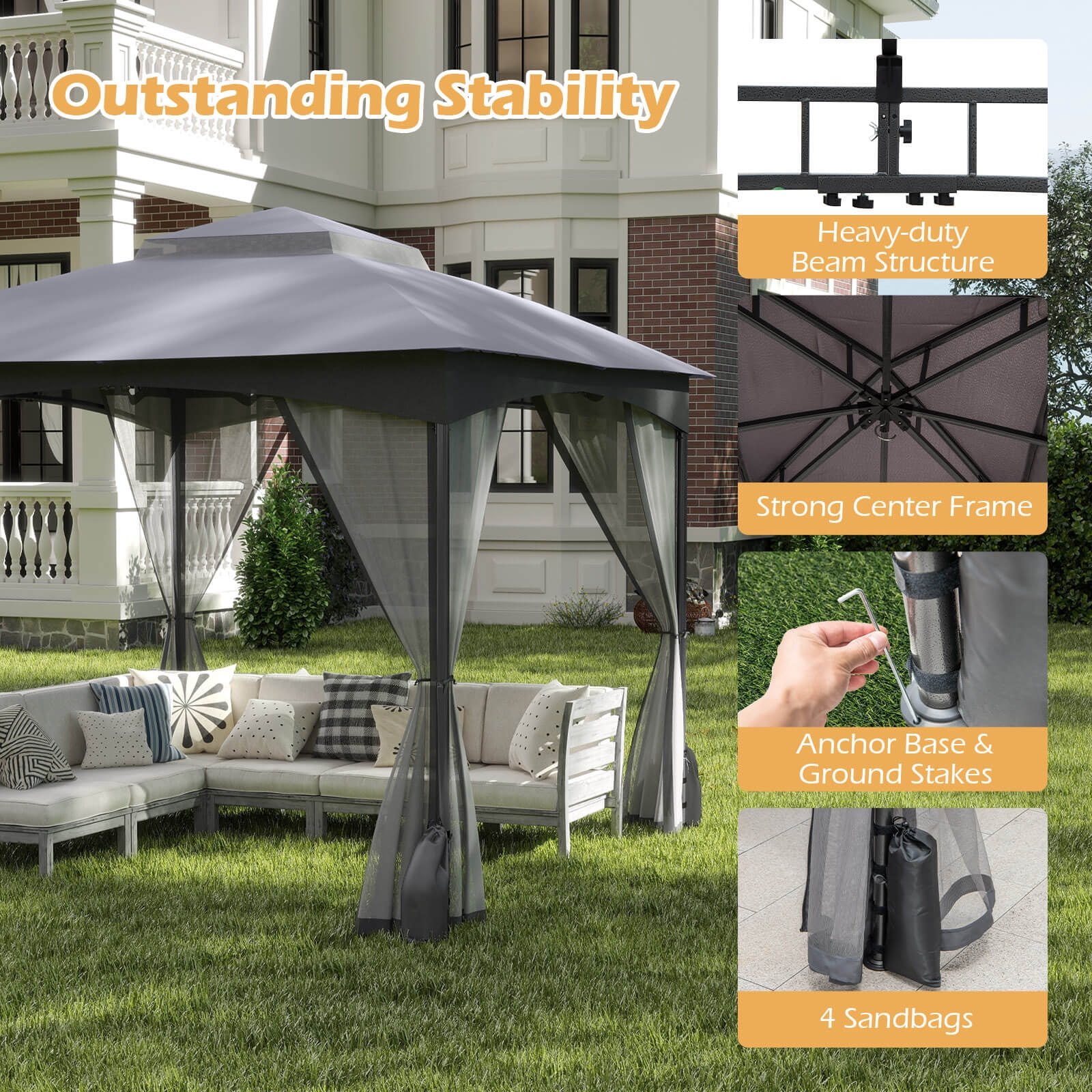 Costway 10 X 10 FT Patio Gazebo with Netting Walls 4 Sandbags Zippered Doors Outdoor